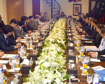 Wagha: Delegates from India and Pakistan during a meeting to discuss the modalities of the Kartarpur corridor and related technical issues in Wagha, Pakistan on July 14, 2019. (Photo: IANS)