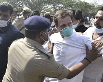 Rahul Gandhi pushed to ground, detained by UP police on his way to Hathras