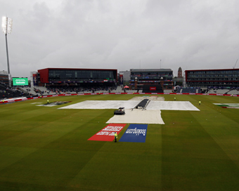 Manchester: A view of the pitch at Old Trafford covered with plastic sheets during rains that interrupted the 1st Semi-final match of 2019 World Cup between India and New Zealand in Manchester, England on July 9, 2019.